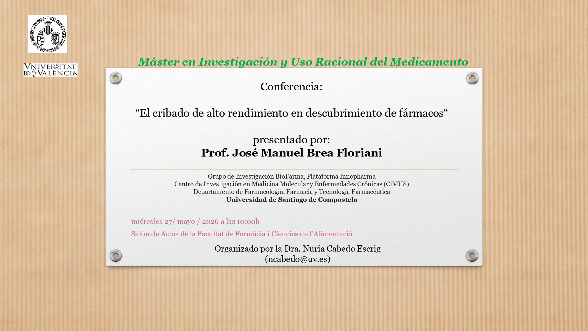 Imatge del cartell amb el nom del conferenciant i títol de la conferència